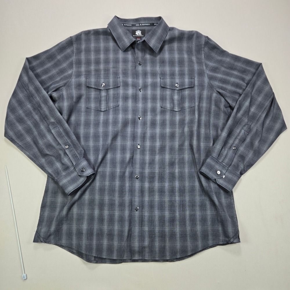 Rock Republic Mens XXL Plaid‎ Long Sleeve Button Down Shirt Black Grey